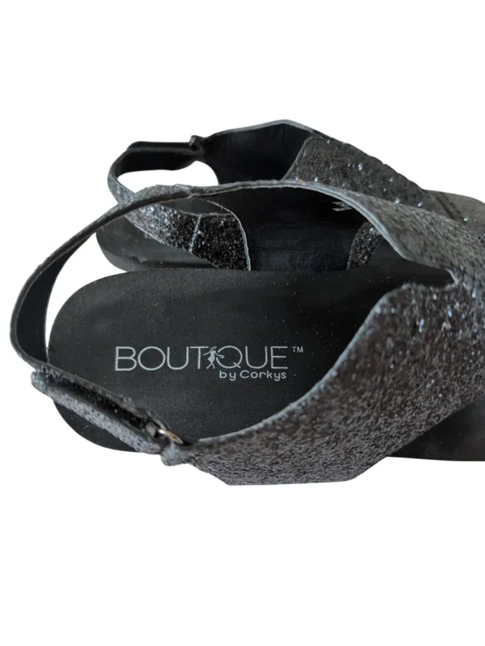 Boutique by Corkys Refreshing Sandals Womens 11 Black Glitter Cork Wedge Studded
